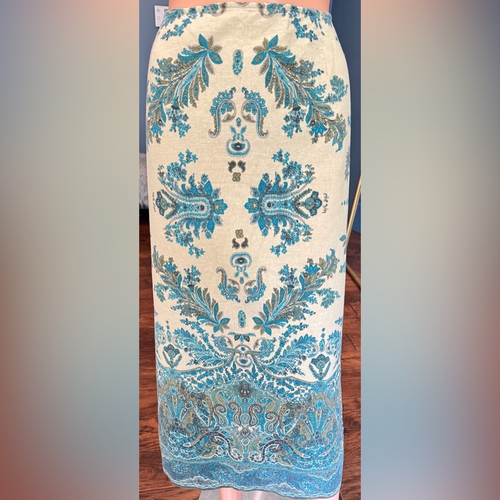 Linen Blend Paisley Midi Skirt High Waist Back Slit Size 12 Blue Tan - Picture 3 of 8